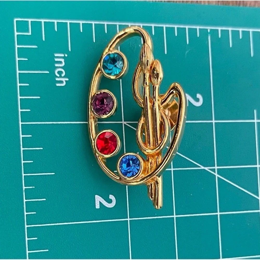 Vintage Avon Gold-Tone Artist Palette Pin Brooch With Colorful Rhinestones